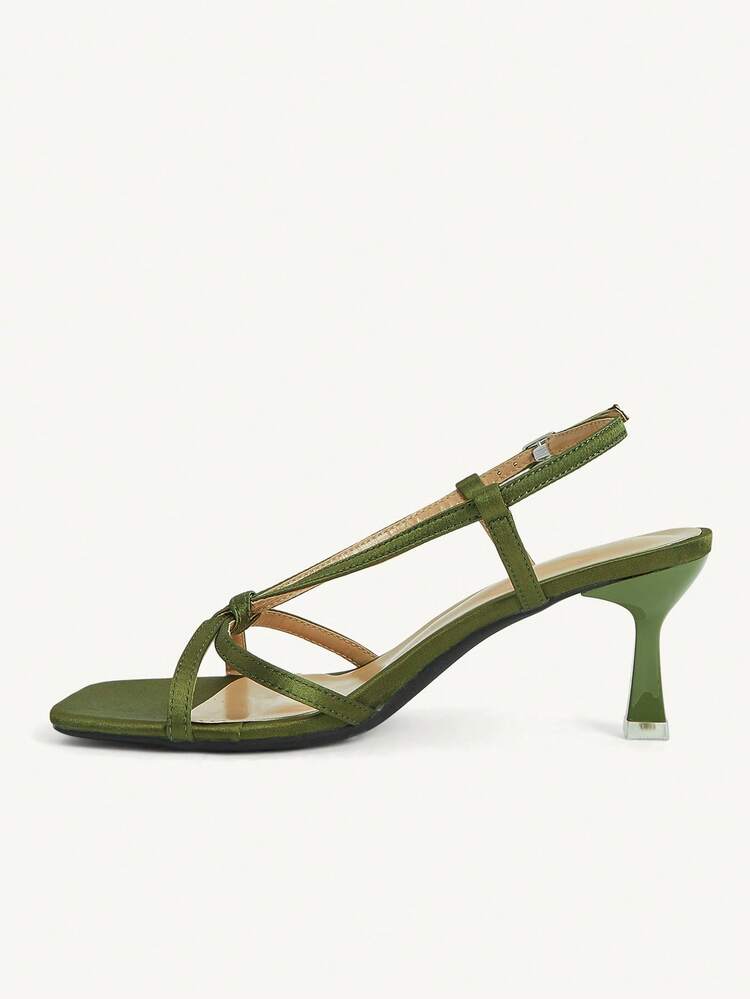 CUCCOO CHICEST Women's Shoes Cross Strap Open-Toed Square Toe Stiletto Fashion Commuter Army Green Satin Heels Sandals Dating Afternoon Tea