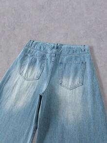 Manfinity Denimwave Y2K复古风男士蓝色水洗宽松筒状牛仔裤，做旧宽松版型，适合送给老公、男友，街头学院风运动休闲外出穿着 - 深色水洗藍 - 查看 6