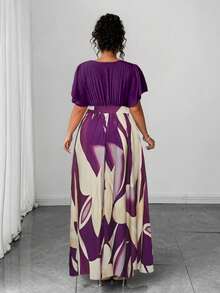 Elenzga Đầm maxi dáng rộng dành cho nữ cỡ lớn, phong cách Bohemian, thích hợp cho kỳ nghỉ biển, du lịch thường ngày, thanh lịch, cao cấp, với họa tiết hình học bất đối xứng đầy màu sắc, thời trang, quyến rũ, cổ tròn, tay bồng. - Màu tím - Xem 2