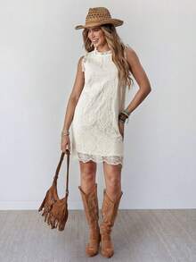 Wildy BOHO Casual Western Country Music Festival Lace Women's Summer Daily Basic Outfit Short Dress For Outing And Commuting - Apricot - View 4