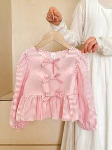 SHEIN LMoss Kids Áo sơ mi dệt sọc tay phồng dáng rộng thoải mái cho bé gái - Màu Hồng baby - Xem 5