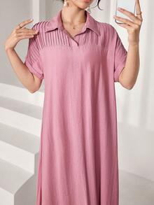 Al Najma Đầm Ả Rập dáng rộng màu hồng, cổ ve lật, tay cánh dơi, thích hợp cho mùa hè. - Hồng - Xem 4