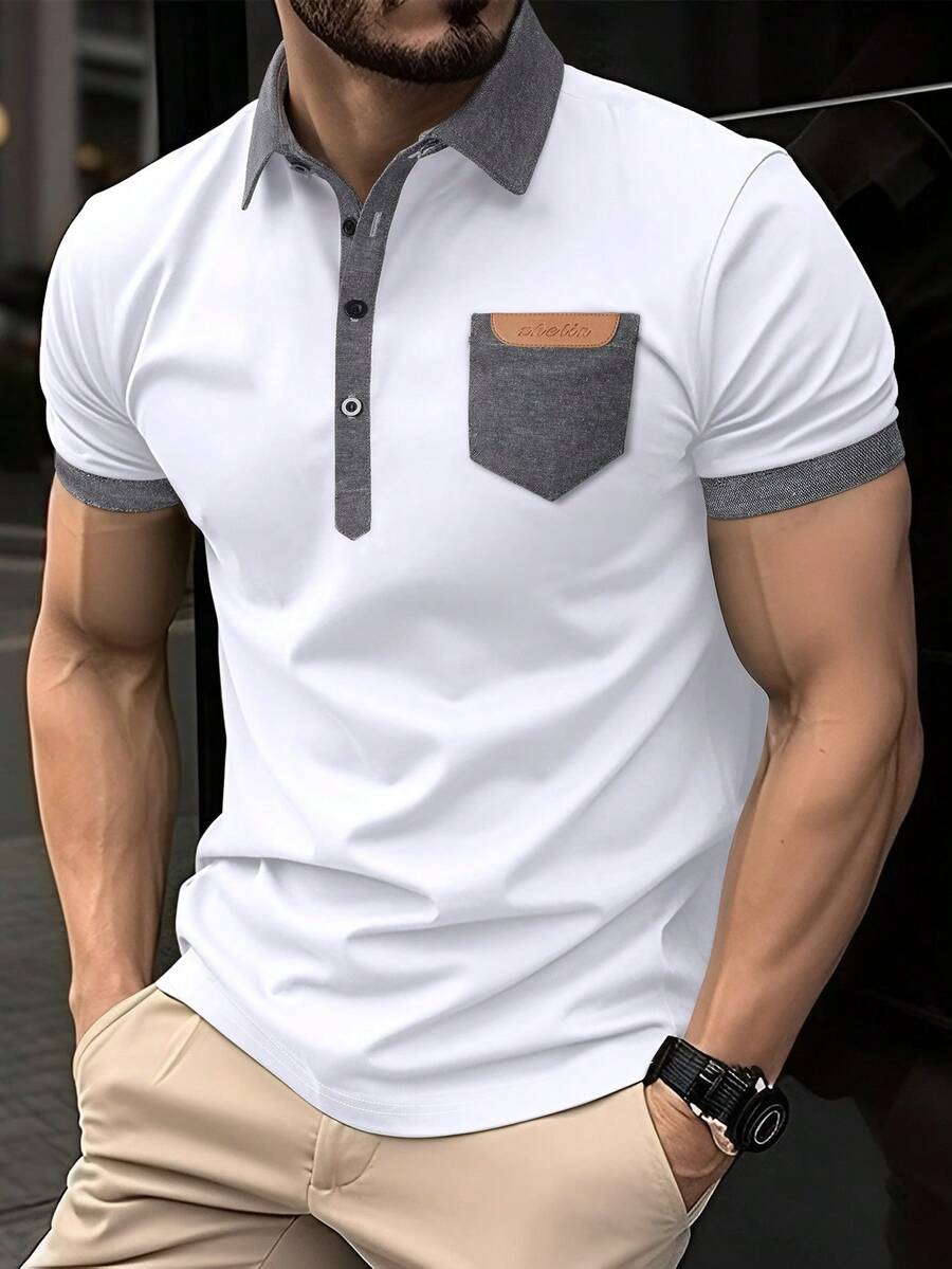 Calvornis 男士對比色口袋休閒 Polo 衫,正式款 - 白色 - 查看 1