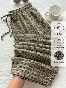 Comfortcana Summer Solid Color Pleated Loose Drawstring Waist Casual 90s Wide Leg Pants, Plus Size Plaid Countryside Style Checkered Trousers For Women, Khaki - Multicolor - View 5