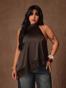 Rustia Blusa asimétrica de satén y encaje con parches, talla grande - Café integral - Ver 6