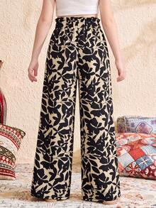 SHEIN Tween Girls' Loose Casual Ruffle Hem Leaf Print High Waist Wide Leg Pants - Black and White - View 5