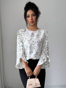 SHEIN Elenzya 新款春夏荷叶边碎花长袖宽松圆领衬衫 - 白色 - 查看 6