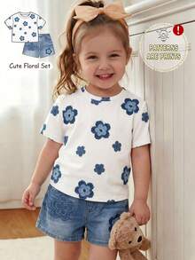 Vintage Cute Floral Pattern Baby Girl Summer Outfits,White Casual Short Sleeve Round Neck T-Shirt And Shorts 2-Piece Set,Vacation Kids Stylish Clothes - Multicolor - View 3