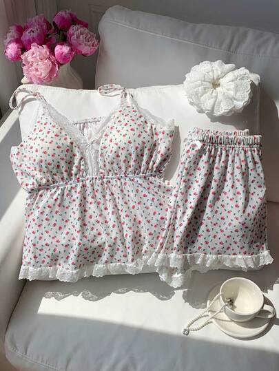 Comfortcana 夏の小花柄ニットキャミソールとレース付きショーツセット、胸パッド付き