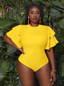 Slaydiva Mono de Body entero con múltiples volantes en las mangas para vacaciones de verano, para mujeres de talla grande. Mono de Body entero blanco de talla grande - Amarillo - Ver 1