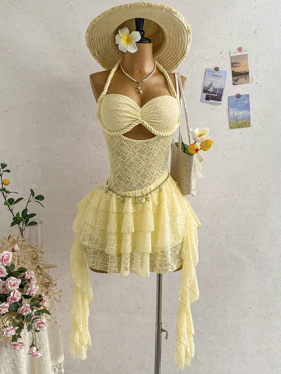 Soleia 女士春夏休闲度假连衣裙,浅黄色钩针编织露背荷叶边性感镂空迷你连衣裙 - Butter Yellow - 查看 1