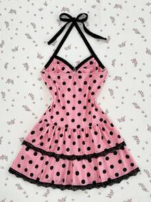 Elamini Vestido casual de fiesta con escote halter, plisado y lunares para mujer - Multicolor - Ver 2