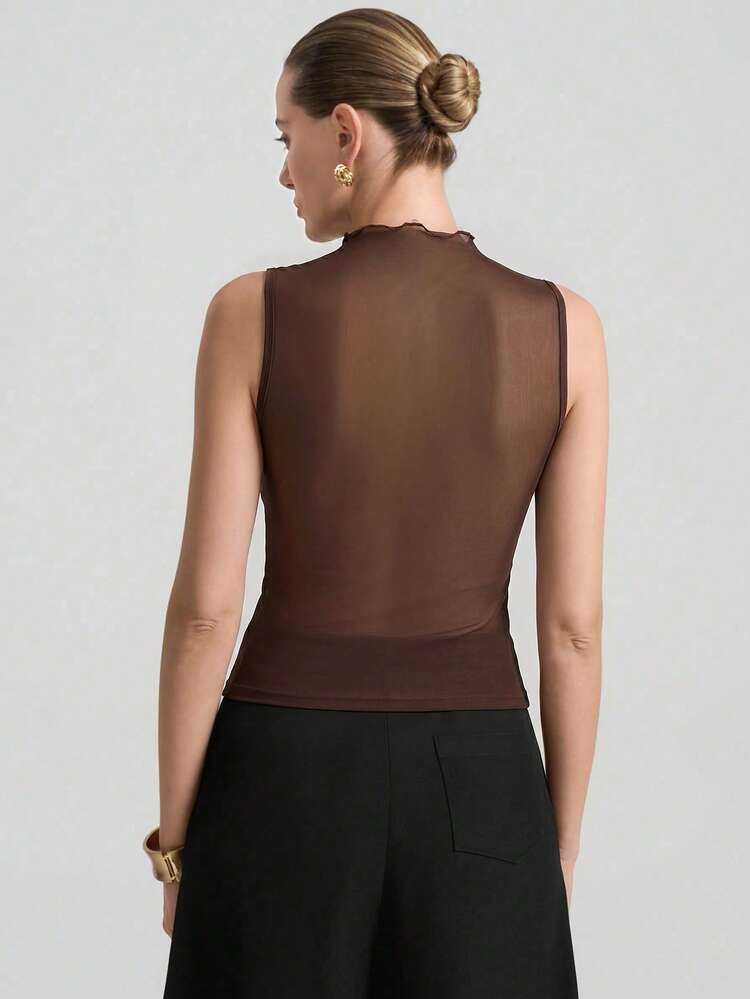 Elegant Sleeveless Floral Design Blouse, Stretchy Mesh Fabric, Modern Urban Style, Mandarin Collar, Suitable For Music Festivals, Office Wear, Business Casual, High-Quality Airport Fashion, Black