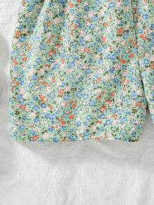 SHEIN Elladie kids 2025夏季新款女童碎花荷葉袖V領收腰露背A字洋裝，鄉村風時尚少女裙 - 彩色 - 查看 6