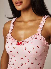 MISSGUIDED Cherry Print Ruffle Trim Sweetheart Neckline Bodysuit With Adjustable Straps Valentine Summer Lingerie - Pink - View 2