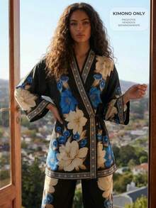 CAJUNI Black Boho Wrap-Style Kimono With Floral Print. - Black - View 1