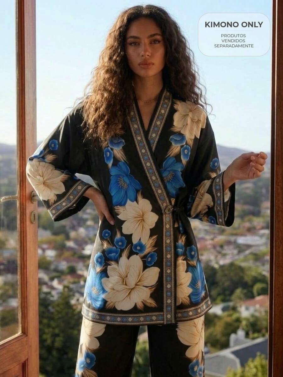CAJUNI Black Boho Wrap-Style Kimono With Floral Print. - Black - View 1