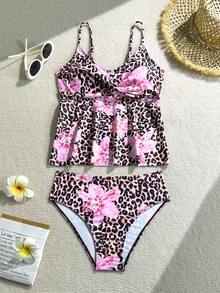 SHEIN Teen Girl Floral & Leopard Print Tankini Swimwear Set - Pink - View 1