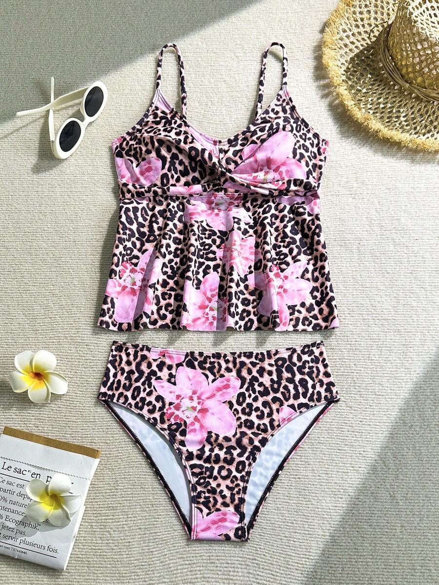SHEIN Teen Girl Floral & Leopard Print Tankini Swimwear Set - Pink - View 1