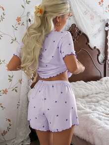 CottageSlumber Conjunto de pijama de manga corta y pantalón corto de punto acanalado de ajuste holgado con corazón morado para mujer - Morado - Ver 3