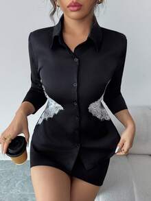 Modelyn 女士法式性感蕾丝拼接缎面收腰长袖职业装衬衫 - 黑色 - 查看 3