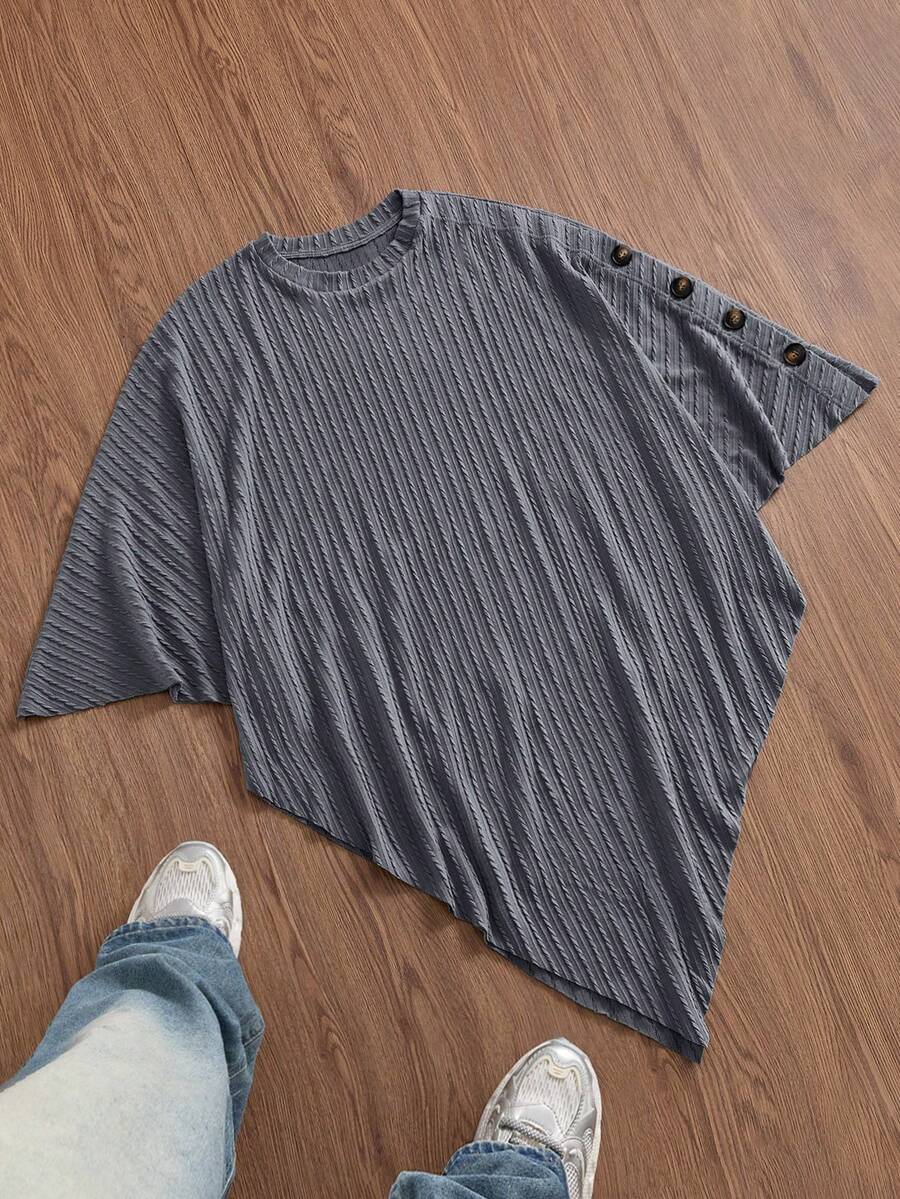 SWAVVY Kaos Pria Kasual Musim Panas Bertekstur Longgar dengan Hiasan Kancing di Bagian Bawah dan Hem Asimetris - Grey - View 1