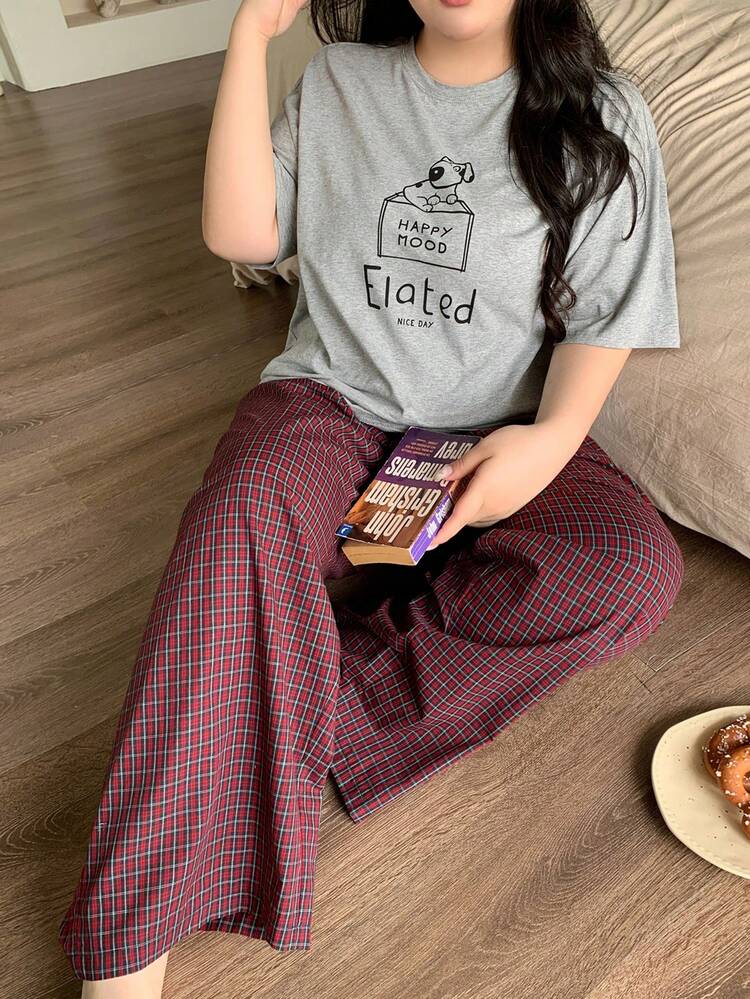 Dazy Plus Letter Dog Print T-Shirt Top & Plaid Loose Pajama Pants Set, Plus Size Women Spring/Summer Sleepwear