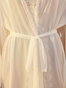 DelicateAllure Sexy Lace Contrast Mesh Solid Color Plus Size Women Robe - White - View 10