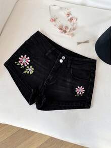 Elamini Quần short denim thêu họa tiết thường ngày dành cho nữ, có túi. - màu đen - Xem 4