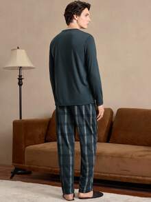 Men's Striped Patchwork Crew Neck Long Sleeve Top And Pocket Pants Casual Lounge Suit  Cozy And Elegant Details, Fall Winter Clothes - Olive Green - View 2