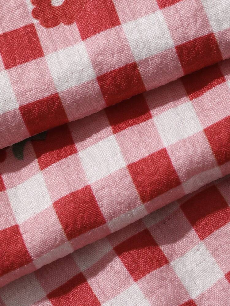 2pcs/Set Women Cherry Pattern Short Sleeve T-Shirt & Plaid Straight Long Pants Pajama Set, Summer