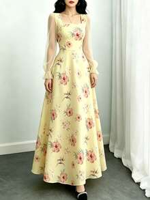 Modelyn 芙蓉花印花时尚方领灯笼袖连衣裙，夏季收腰连衣裙，浅黄色花卉图案长裙，适合夏季度假和日常穿着 - 彩色 - 查看 3