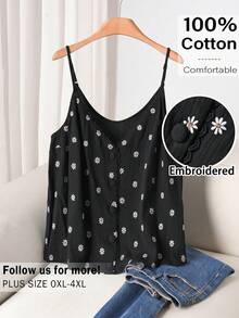 CosyJoli Plus Size Women Crinkle Cute Top, Floral Embroidered Top, Adorable Camisole - Black - View 1