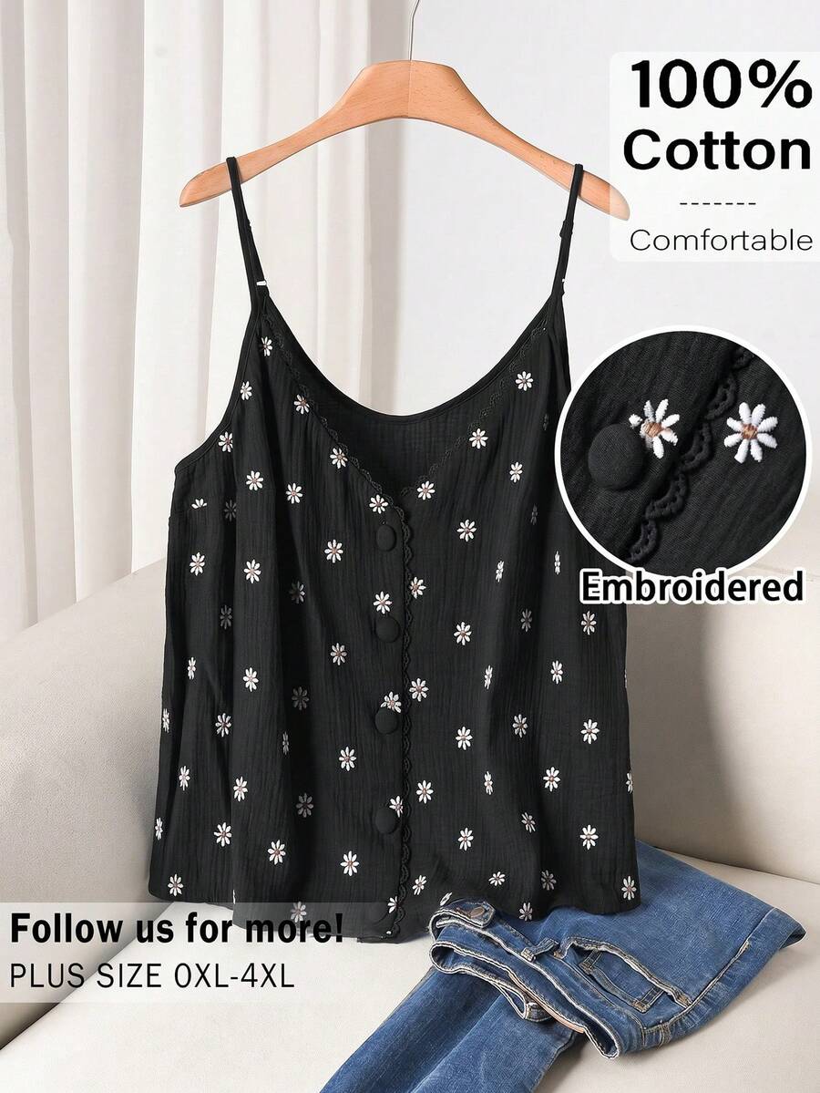 CosyJoli Plus Size Women Crinkle Cute Top, Floral Embroidered Top, Adorable Camisole - Black - View 1