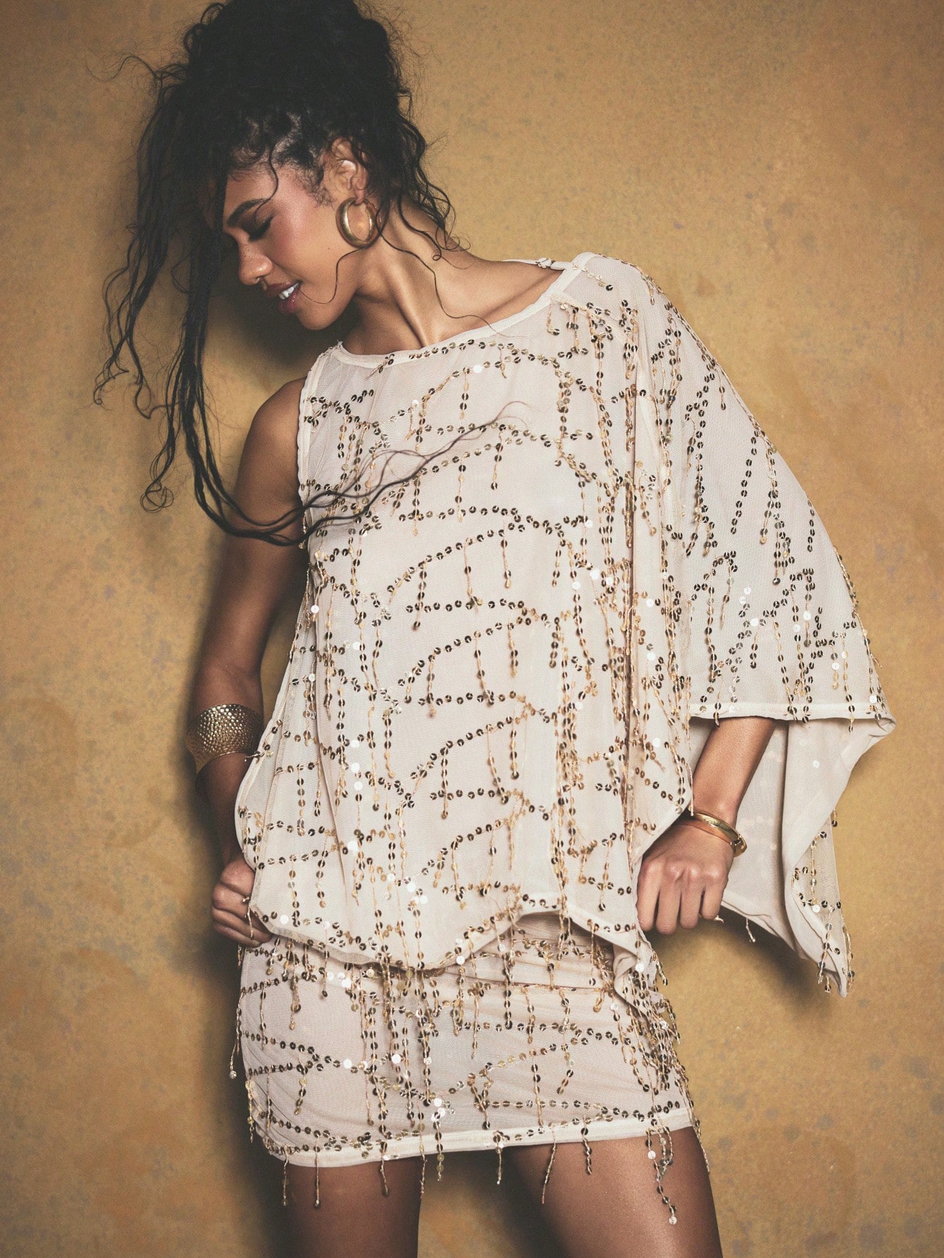 Sequin Cape Shoulder Mini Dress With Tassel Detail