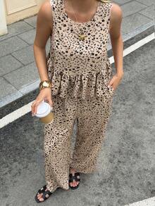 SHEIN LUNE Bộ đồ nữ kiểu dáng thường ngày gồm áo không tay và quần phối màu hoa, có nơ, thích hợp cho kỳ nghỉ hè, đi làm và mặc hàng ngày. - Nhiều màu - Xem 1