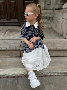 Dazy Kids Váy cổ ren phối màu tương phản dễ thương cho bé gái - Đen và trắng - Xem 4