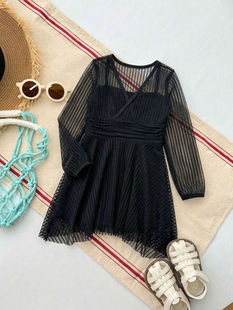 Young Girl Striped Mesh One-Piece Swimsuit Vacation