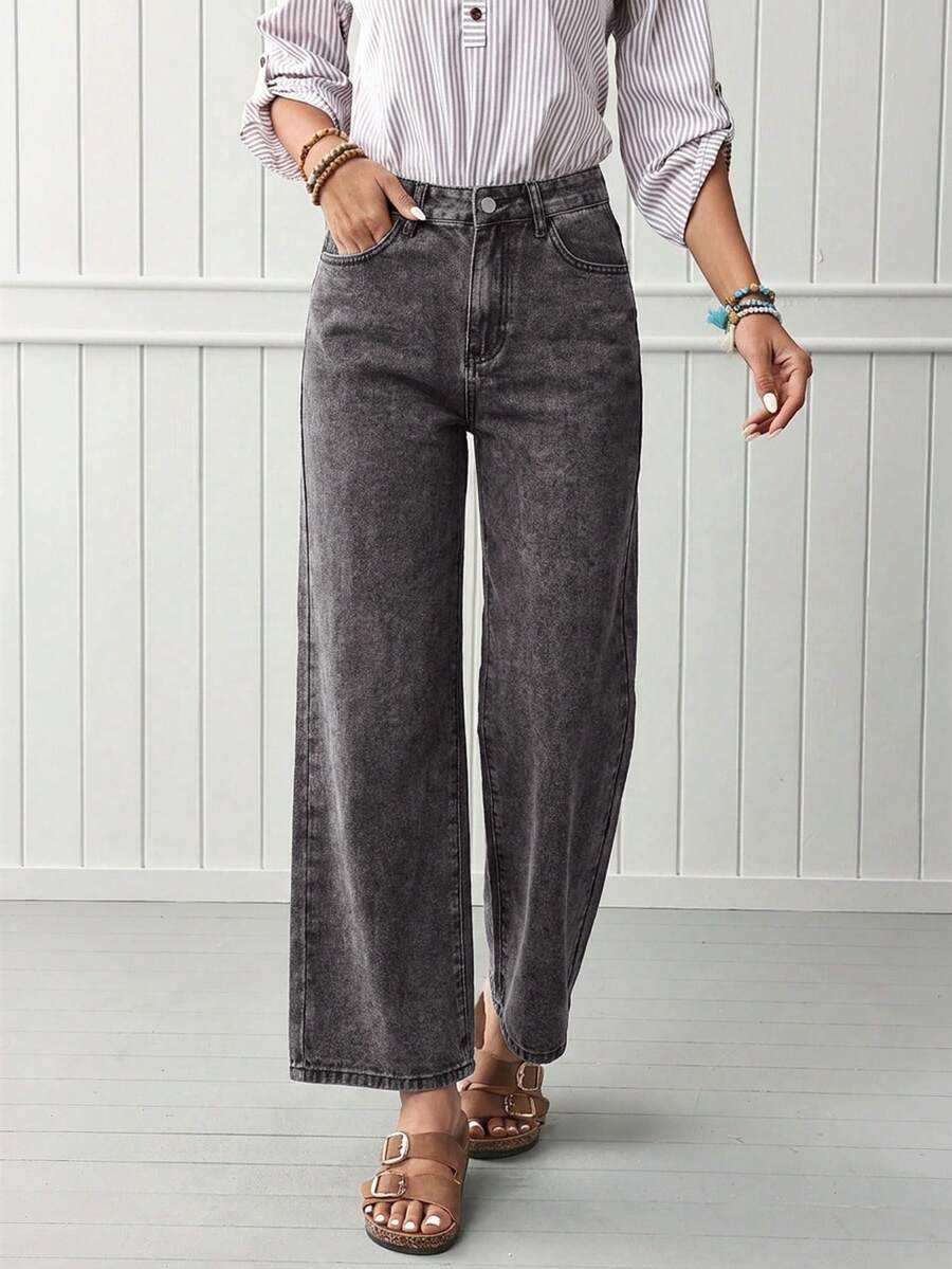 SHEIN LUNE Women's High Waist Pockets Straight Loose Casual Versatile Denim Jeans Travel Grey Summer - Grey - View 1