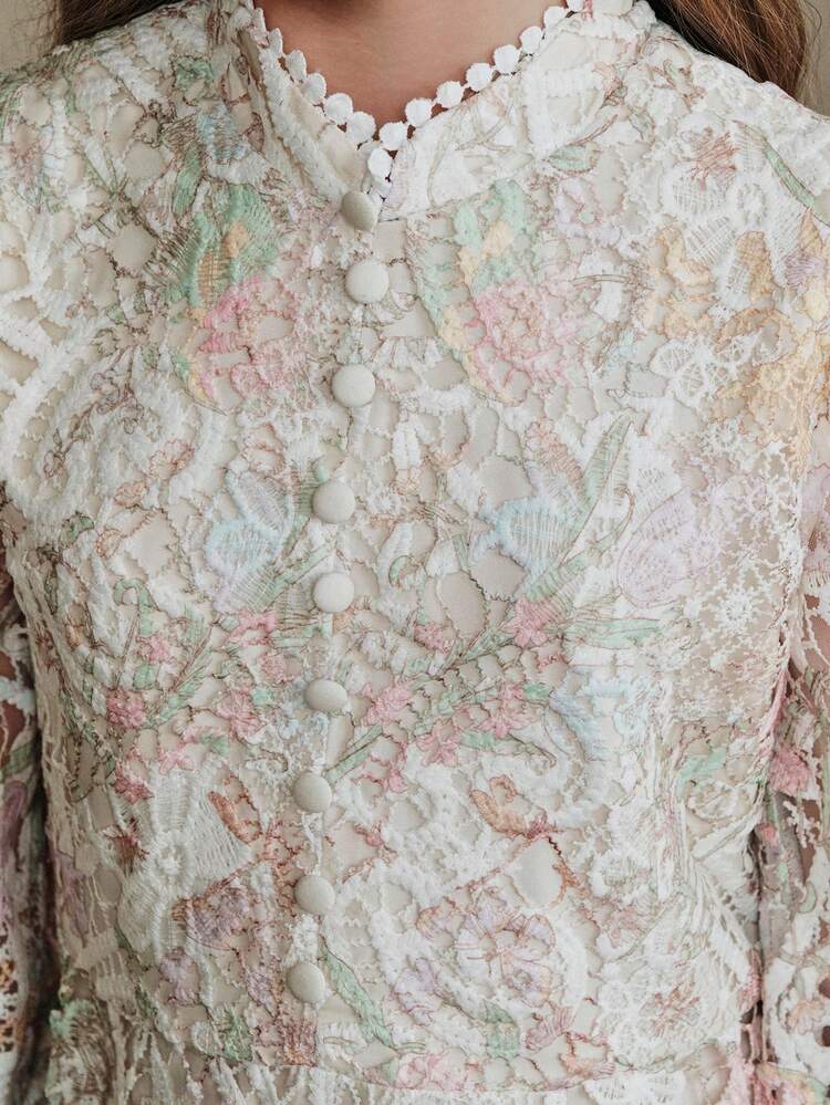Girls' Elegant Colorful Water-Soluble Lace Fabric A-Line Dress, High Waist Stand Collar Floral Print Long Sleeve Dress, Spring/Summer