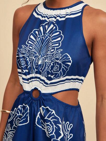 Travachic Women's Graphic Print Hollow Out Round Neck Casual Vacation Sleeveless Jumpsuit