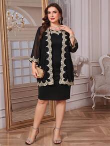 SHEIN Clasi Bộ 2 món áo khoác và váy ren thanh lịch dành cho người có vóc dáng đầy đặn. - màu đen - Xem 11
