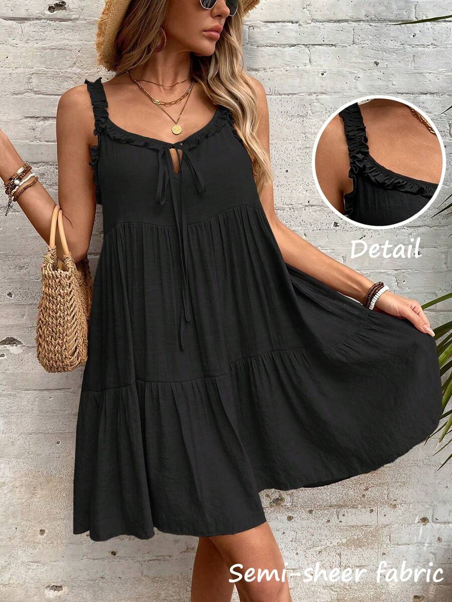 Swim Vcay Women's Summer Beach Solid Color Sleeveless Frill Trim Tie Front Cover Up Dress - Black - View 1
