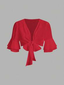 Qadelle Blusa corta de manga media con nudo delantero, camisa de mujer de unicolor - Rojo - Ver 3