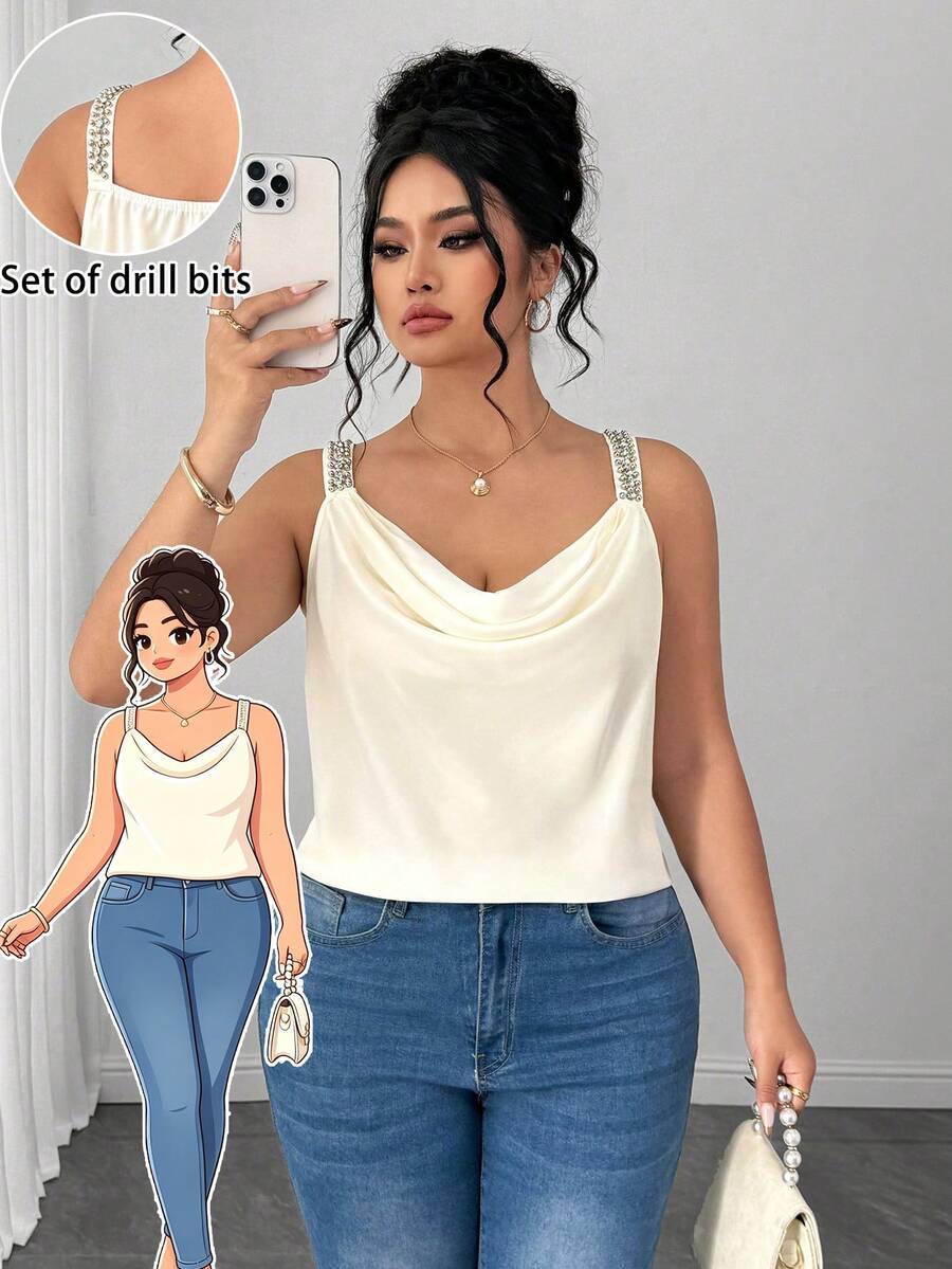 Elenzga بلوزة نسائية أنيقة من الساتان الأملس ذات ياقة متدلية مزينة بالراين على الكتف، مناسبة للحفلات والاستخدام اليومي العادي - لون مشمشي - مشاهدة 1