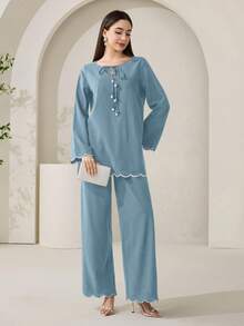 Veilorie Áo sơ mi nữ thắt nơ thêu sóng phong cách thường ngày kín đáo - Màu xanh lam - Xem 7