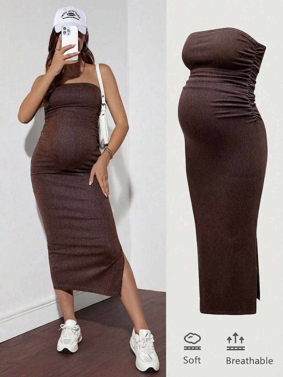 SHEIN 孕妇夏季休闲度假纯色褶皱修身抹胸牛仔连衣裙 - 棕色 - 查看 1