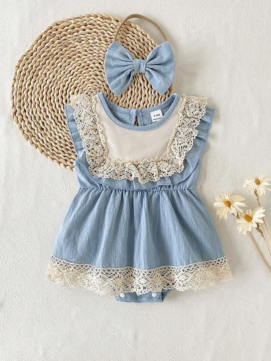 SHEIN 女婴优雅夏季撞色蕾丝荷叶边连衣裙,适合派对和日常穿着 - 淺藍色 - 查看 1