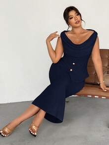 Firerie Conjunto de 2 piezas elegante con top de escote pronunciado y diseño de botones y falda midi para mujer de talla grande - Azul Marino - Ver 3