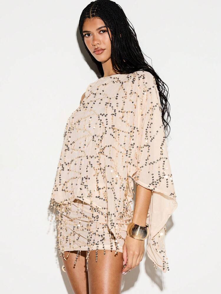 Sequin Cape Shoulder Mini Dress With Tassel Detail